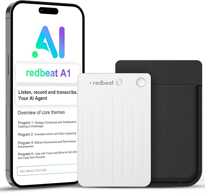 redbeat Note Pro AI Voice Recorder, Free Lifetime Transcribe & Summarize, App Control, 64GB Note Taker for Meetings, Calls & Lectures, Supports 120 Languages, Case Included, Silver