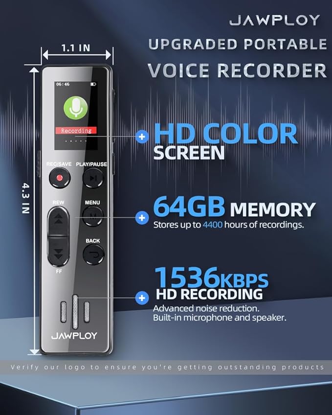 64GB Digital Voice Recorder with Playback - 4400 Hours Voice Activated Recorder with Sound Clarity Enhancement, Portable Recorder Recording Device for Lectures Meetings, USB, Password, MP3
