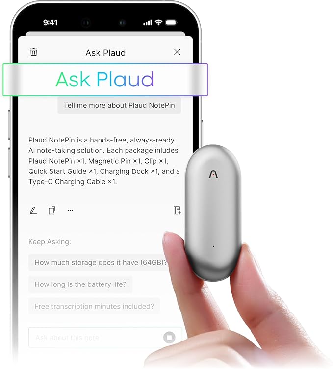 Plaud NotePin Voice Recorder, AI Voice Recorder, AI Note Taker, AI Transcribe & Summarize, Support 112 Languages, for Meetings, Lectures, Professionals, Teams, Lunar Silver, Non-S Version