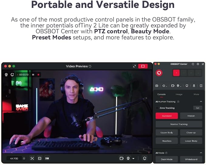 OBSBOT Tiny 2 Lite, PTZ 4K Webcam 1080P@60fps HDR, PC Camera with AI Tracking, Micros with AI Noise Cancellation, Tripod, Gesture Control, Auto Focus, Plug & Play, Ideal for Gaming or Streaming