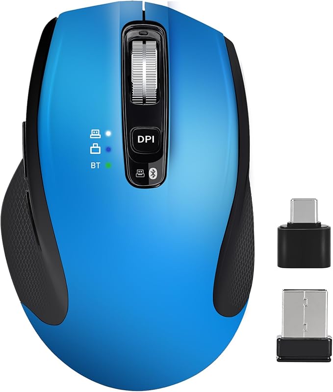 Wireless Bluetooth Mouse with USB-A, USB-C Receiver, Rechargeable, 3-Device, Full-Size, Silent Click, Ergonomic Mice for MacBook/Laptop/Computer/Tablet/PC/iPad-Blue