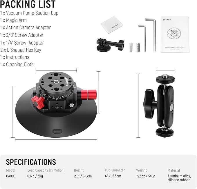 NEEWER 6" Suction Cup Camera Mount Compatible with GoPro, Metal Car Windshield Dash Ball Head Magic Arm with Action Cam Adapter Cleaning Cloth for DSLR Phone Holder, for POV Video Recording, CA013