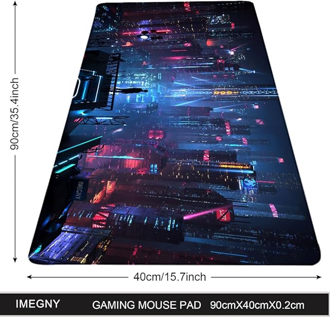 Extended Gaming Mouse Pad, Portable Mat for Keyboard & Mouse with Stitched Edges + Non-Slip Rubber Base (90x40 neoncity001)