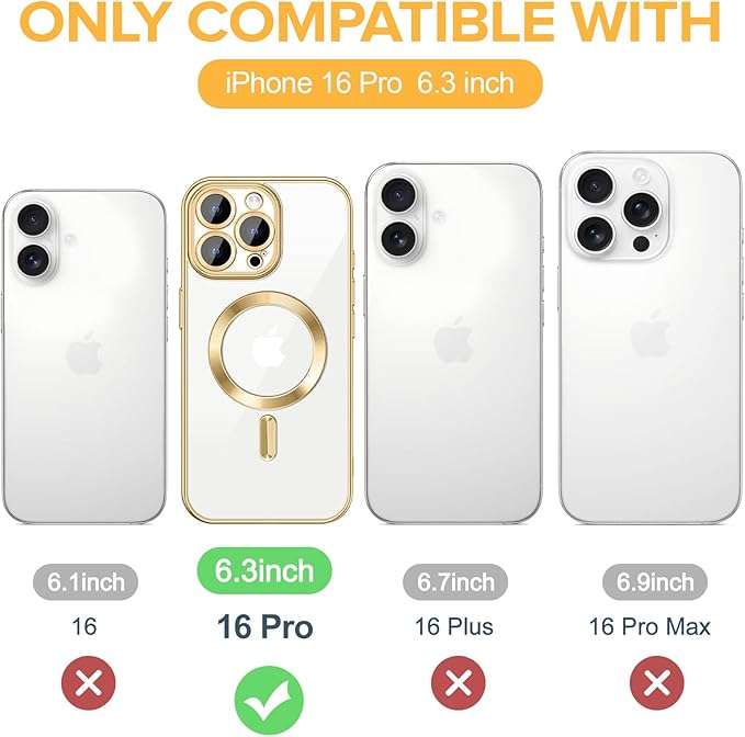 Hython Magnetic Clear for iPhone 16 Pro Case with Camera Lens Protector [Compatible with MagSafe] Luxury Plating Edge Slim Soft TPU Cover Protective Phone Case for iPhone 16 Pro 6.3", Gold