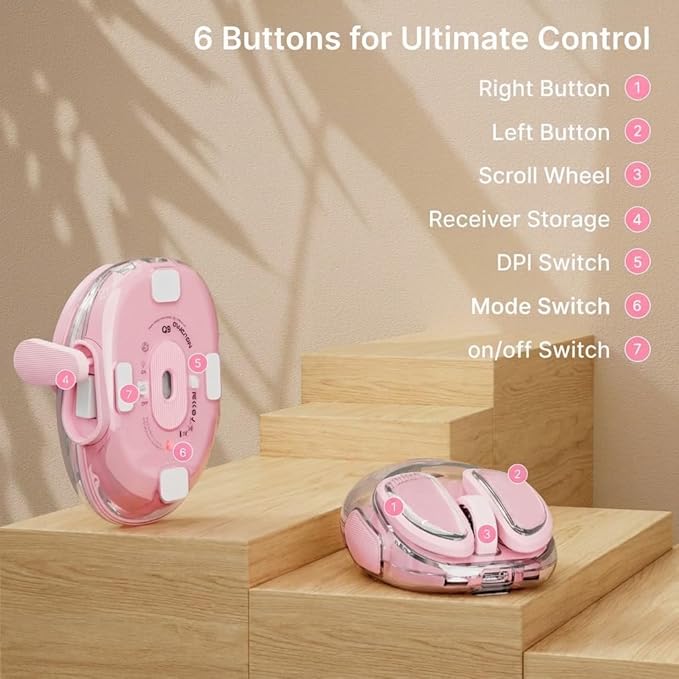 SEUNKWANG EWEADN Q9 Wireless Clear Mouse Dual Mode Bluetooth & 2.4G USB Computer Mouse with RGB Lighting, Silent Clicks, Multi-Device Compatibility for Laptop, PC, MacBook, iPad Cute Mouse-Pink