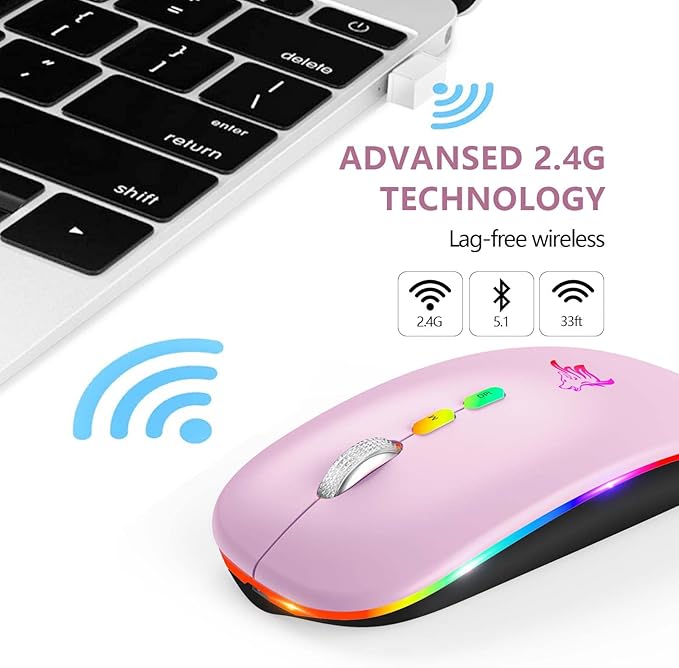 HOTLIFE LED Wireless Mouse, Slim Rechargeable Wireless Bluetooth Mouse, 2.4G Portable USB Optical Computer Mice with USB Receiver and Type C Adapter (Pink)