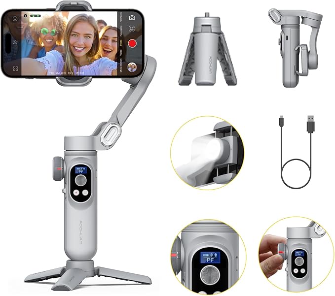 AOCHUAN Gimbal Stabilizer for Smartphone, 3-Axis Portable iPhone Gimbal w/OLED Display for iPhone/Andriod, Phone Gimbal with Face/Object Tracking for Tiktok YouTube Vlog-Smart X Pro Gray
