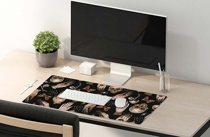 SSOIU Extended Gaming Mouse Pad (35.5x15.7 in), Large Stable Rubber Base Mousepad with Stitched Edges, Keyboard Mouse Mat Desk Pad for Work, Game, Office, Home - Magical Skull Pattern with Witch Hands