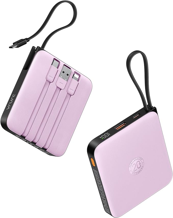 VRURC Portable Charger with Built-in Cable, 10000mAh 22.5W Fast Charging USB C Battery Pack, Cell Phone Power Bank for iPhone 17 16 15 Series Android Tablet (Purple)