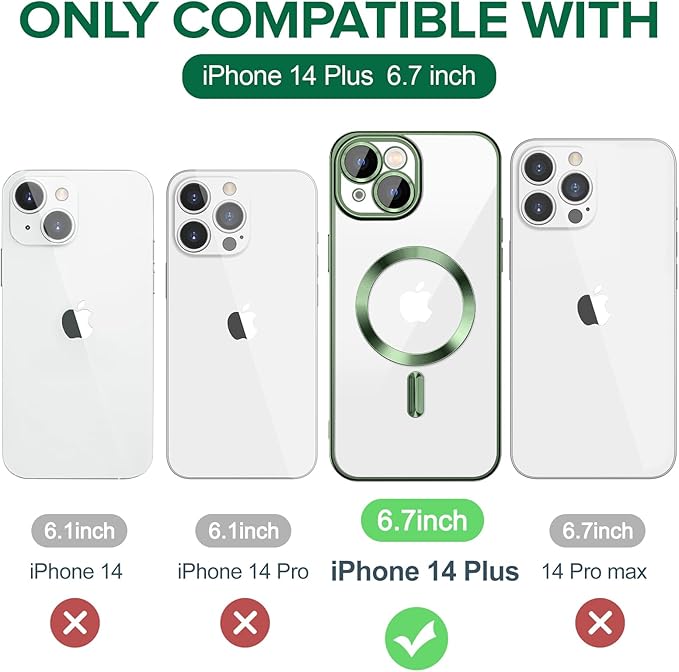 Hython Magnetic Clear for iPhone 14 Plus Case with Camera Lens Protector [Compatible with MagSafe] Luxury Plating Edge Slim Soft TPU Cover Protective Phone Case for iPhone 14 Plus 6.7", Deep Green