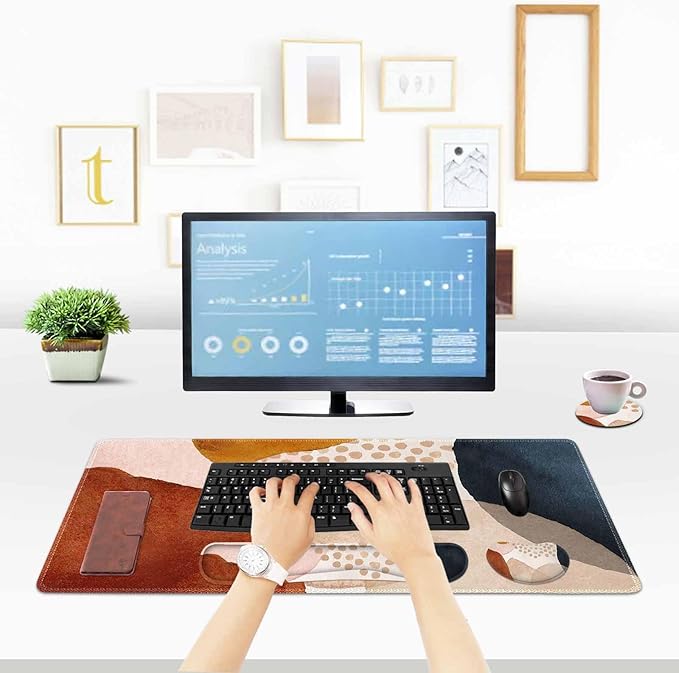 ToLuLu Extended Gaming Mouse Pad, Memory Foam Ergonomic Keyboard Mouse Wrist Rest Support Set, Large Desk Mat with Stitched Edges, Non-Slip Base Mousepad for Home Office and Game, Brown Boho Art