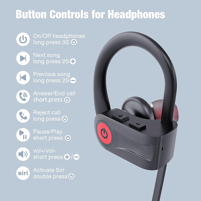 Boean Bluetooth Headphones, Wireless Headphones with 16 Hours Playtime Bluetooth 5.3 Wireless Earbuds HD Stereo Sound IPX7 Waterproof Earphones AI Music Generation Workout Headset for Running Sports