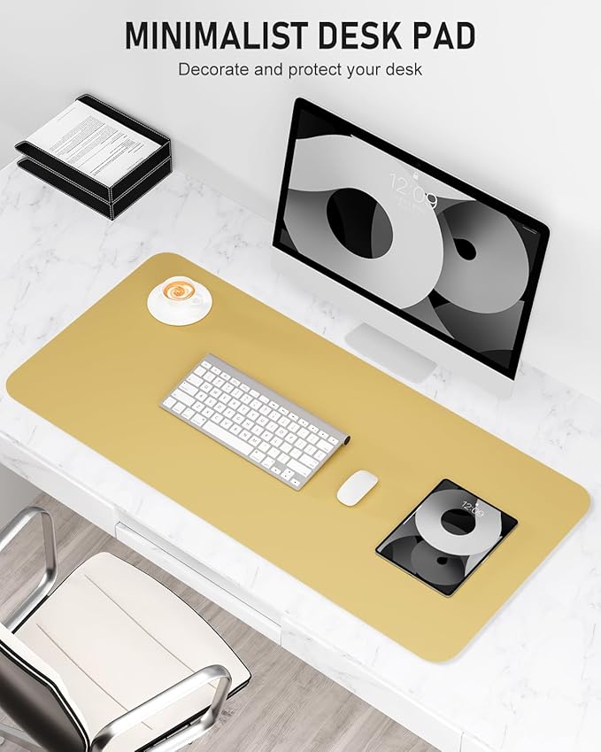 Desk Pad, 23.6" x 13.8" PU Leather Non-Slip Desk Mat Large Mouse Pad for Desktop, Waterproof Laptop Computer Writing Mat for Office, Home, Work, Gaming, Pale Yellow