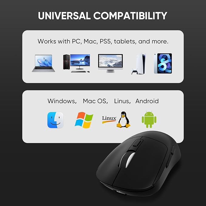 MELOGAGA Wireless Gaming Mouse, 2.4G/Bluetooth 5.4/USB-C 3-Mode Wired/Cordless Game Mice with 8 Adjustable DPI, Ergonomic Rechargeable Computer Mouse for PC, Mac, PS5, Tablet -Black