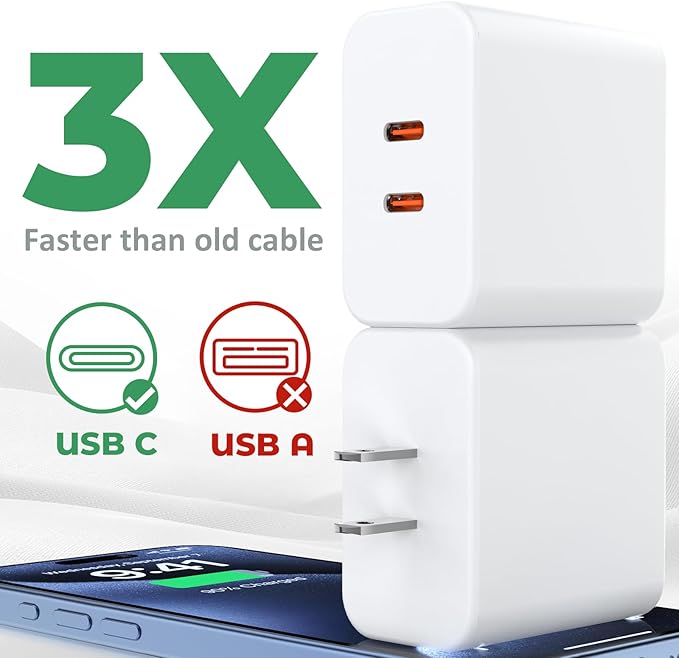 USB C Charger Block, 40W Dual Port Fast Charger 20W Type C Charging Block 3.1A USB Wall Charger Dual Port PD+QC Charging Cube for iPhone 15 16 14 13 12 11 Pro Max XS, iPad, Samsung Phone, Tablet