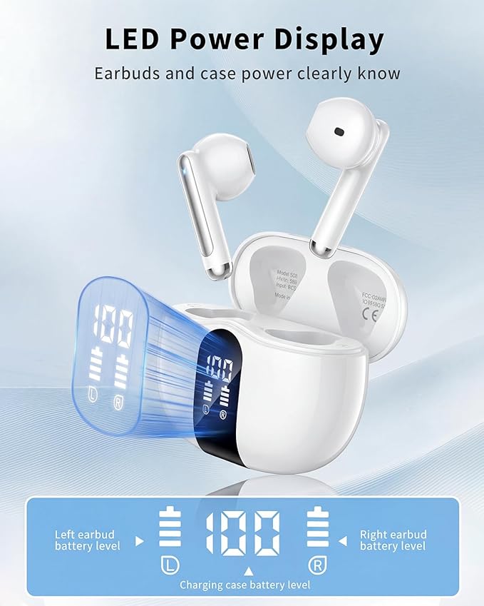Wireless Earbuds, 2026 Bluetooth 5.4 Headphones Bass Stereo Ear Buds with Noise Cancelling Mic, LED Display in Ear Earphones 50H Playtime Ear Buds, IP7 Waterproof for Laptop Pad Phones Pure White