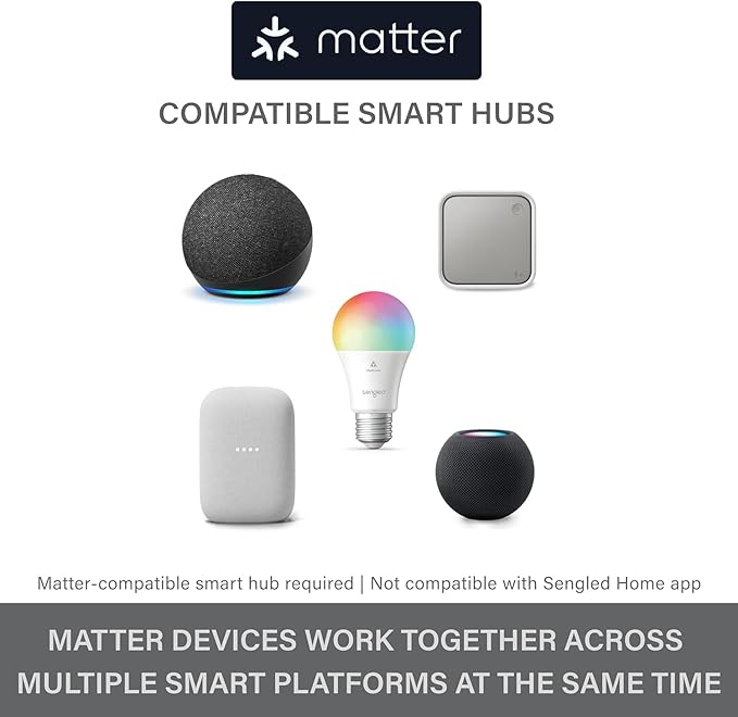 Sengled LED Smart Light Bulbs G2, Matter-Enabled, Color Changing Light Bulb, Smart Bulbs, 60W Equivalent, 800LM, Instant Pairing, 2.4 GHz, Wi-Fi, 1-Pack