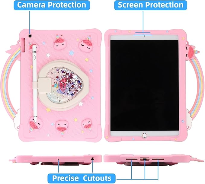 [Super Cute Rainbow Unicorn Case] Kids Case for iPad 10.2 Inch 2021/2020 9th/8th Generation & 2019 iPad 7th Generation Case Cover for Kids Girls with Hand Strap and 360° Rotating Stand - Pink