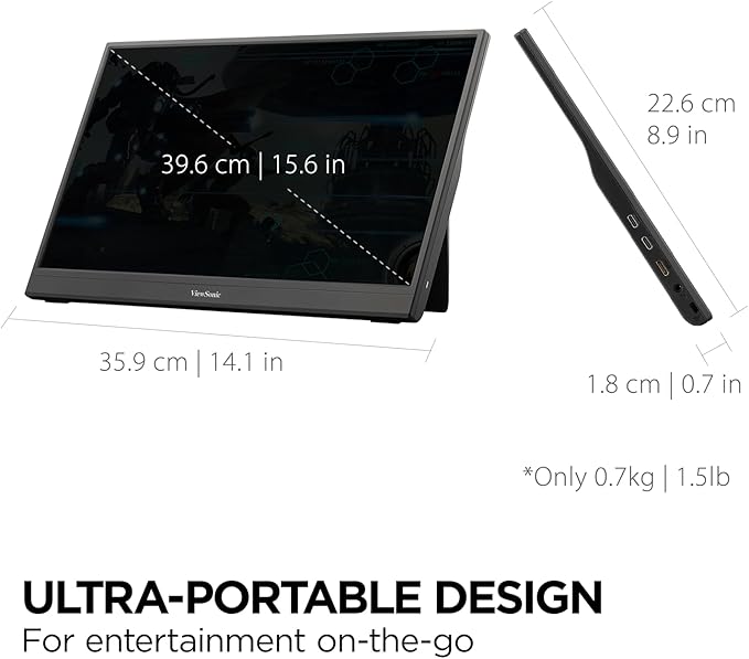ViewSonic VX1654 16 Inch 1080p Portable Gaming Monitor, IPS Display with 144Hz for Smooth Mobile Workspaces and Fast-Action Gaming, Built-in Stand, 60W USB-C, and Mini HDMI Inputs