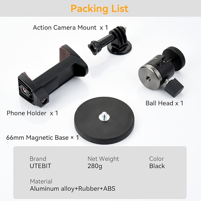 UTEBIT 66mm Strong Magnetic Base Mount for Action Camera, Magnet Camera Mount with 360° Rotation Ball Head & Phone Holder Mount, Compatible with Gopro Hero, DJI Osmo Action Osmo Nano, Insta360, Black