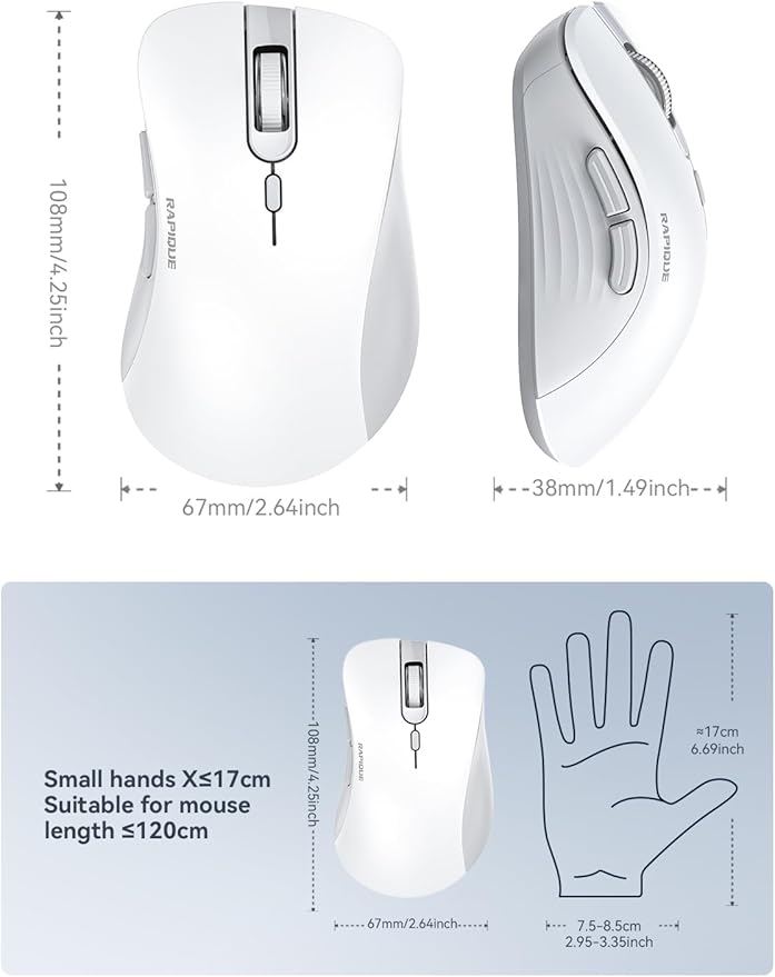 RAPIQUE Wireless Mouse - Dual Bluetooth & 2.4 GHz USB Receiver, Ergonomic Design, Quiet Clicks, Low Power - Multi-Device Compatibility for Laptop, Computer, iPad, MacBook, Chromebook (White and Grey)