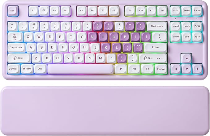 YUNZII B87 Wireless Mechanical Keyboard,QMK/VIA Programmable,TKL Layout 87 Keys,BT/2.4G/USB-C,Hot Swap Gasket Mount RGB Backlit Gaming with Wrist Rest for Win/Mac (Purple Heart, Milk V2)