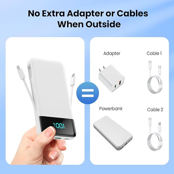 Portable Charger for iPhone,13800mAh Slim Power Bank with Built-in Cables & AC Wall Plug,All in One 4 Outputs USB C Fast Charging Battery Pack Travel Essential for iPhone 17/16/15/14,Android (White)