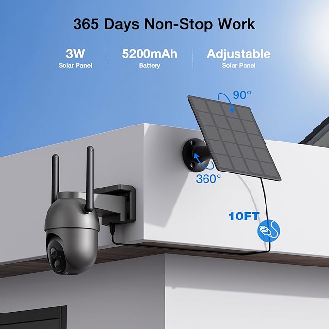 SEHMUA- 4MP Security Cameras Wireless Outdoor Home System, 2-Cam Kit, No Subscription & Solar Powered, Local Storage, 360°PTZ Surveillance, Color Night Vision, 5GHz & 2.4GHz Router Compatible