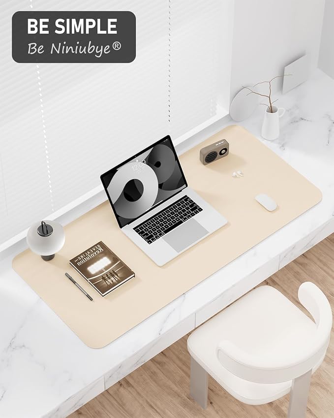 Desk Pad, 35.5" x 17" PU Leather Non-Slip Desk Mat Large Mouse Pad for Desktop, Waterproof Laptop Computer Writing Mat for Office, Home, Work, Gaming, Beige