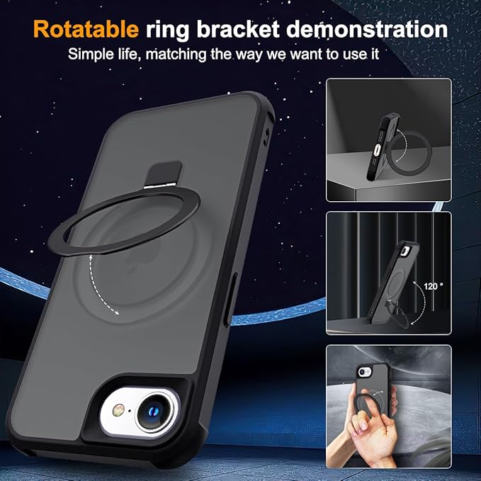 SKYLMW Compatible with iPhone 16e Case & iPhone 17e Case 6.1" with Invisible Magnetic O-Ring Stand Military-Grade Translucent Phone Cases [Compatible with Mag-Safe][Great Grip Feeling], Black