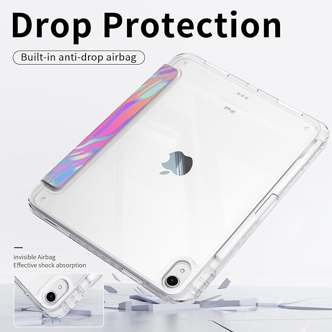 Origami Case for iPad (A16) 11th Generation 11 Inch 2025, iPad 10th Generation Case 10.9 2022 Cover with Pencil Holder, Clear Back Cover, Portrait Y-fold & Trifold Stand, Rainbow Zebra