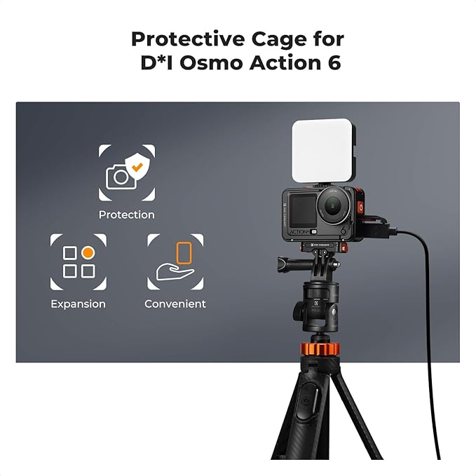 K&F CONCEPT Aluminum Alloy Camera Cage Compatible with DJI Osmo Action 6 Camera Accessories, Protective Cage Expansion Frame Case with Cold Shoe Mount | 1/4" Screw Adapter for Tripod, Selfie Stick