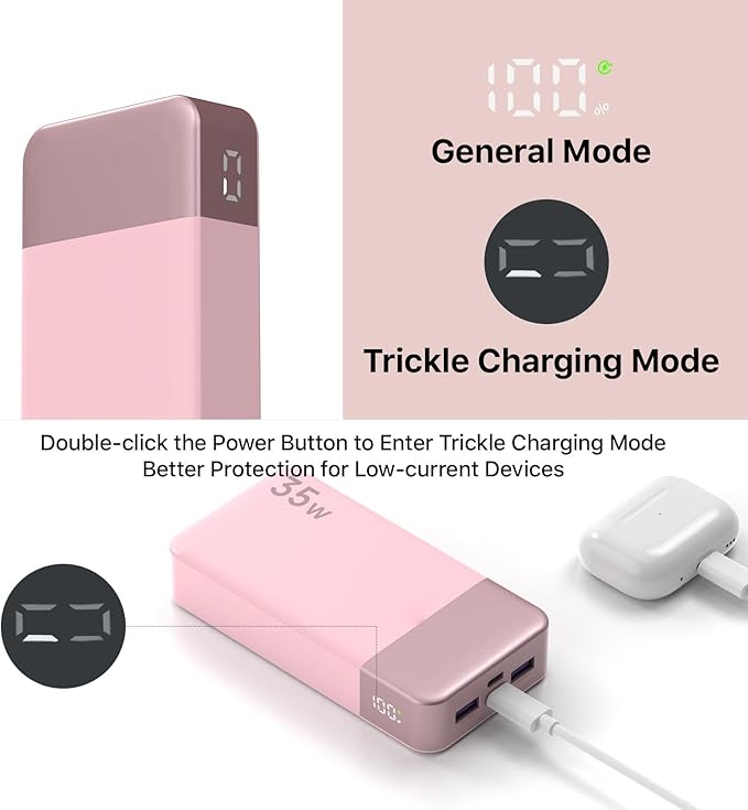 NOBIS Portable Charger, 20000mAh Power Bank, 35W Power Bank Fast Charging, Battery Pack with C to C Cable, Battery Bank with Digital Display for Phone Android etc (Pink)