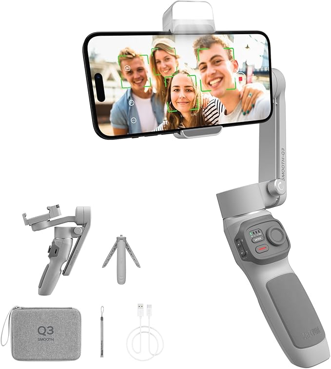 Zhiyun Smooth Q3 Combo, 3-Axis Phone Gimbal with Fill Light and Gimbal Bag, Portable & Foldable, Gesture Control, Video Recording, Auto Tracking Gimbal Stabilizer for Smartphone for iPhone & Android