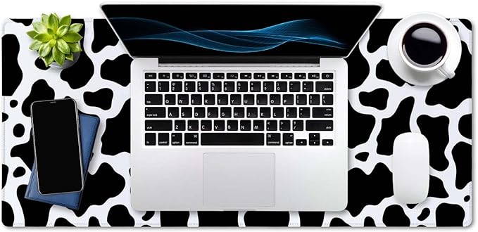SSOIU White Black Cow Pattern Desk Pad, Personalized Desk Mat, Cow Print Desk Mat, Cute Desk Pad, Extended Gaming Mouse Pad (35.5x15.7 in), Large Non-Slip Rubber Base Mousepad with Stitched Edges