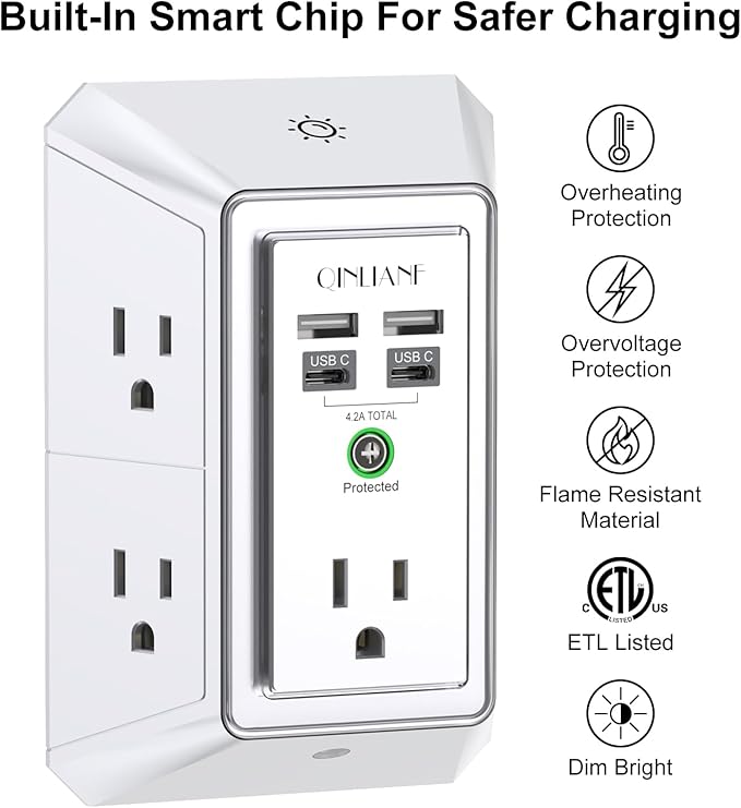 3-Sided Outlet Extender with Night Light - QINLIANF Multi Plug Outlet with 5 Outlets and 4 USB Ports(2 USB-C), USB Wall Charger for Home, Office, Travel, ETL Listed, White