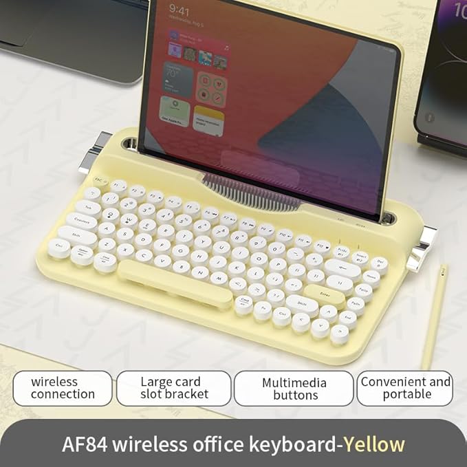 Ajazz AF84 Wireless Membrane Silent Typewriter Keyboard, Bluetooth/2.4G Dual-Mode Connection, Cute Retro Aesthetic Design with Integrated Stand for Tablet, Phone, PC and Win/Mac/Android Yellow