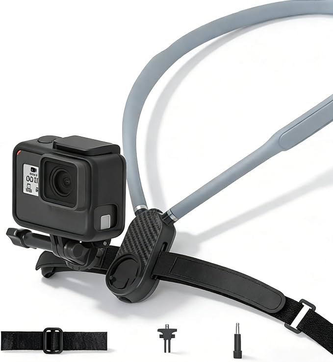 KINGJOY Action Camera Neck Mount, Flexible Silicone POV Neck Holder with Anti-Shake Chest Strap, Quick Release Magnetic Adapter Compatible with Hero 13/12, Action 5/4 & 360 Cameras for Vlogging