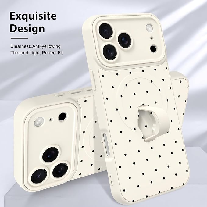 KANGHAR Compatible with iPhone 17 Pro Case, Support for MagSafe, Silicone Spot Cute Pattern, Wristband Kickstand Camera Protection Soft Slim Cover for Girls Women -White