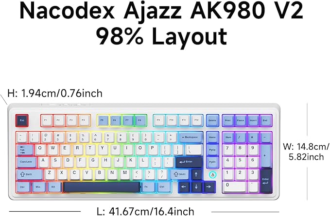 ACODEX Ajazz AK980 Blue White Wireless Mechanical Gaming Keyboard,Tri-Mode BT5.0/2.4GHz/USB-C Hot Swappable RGB Backlit Computer Gaming Keyboards for PC/Tablet/PS/Xbox