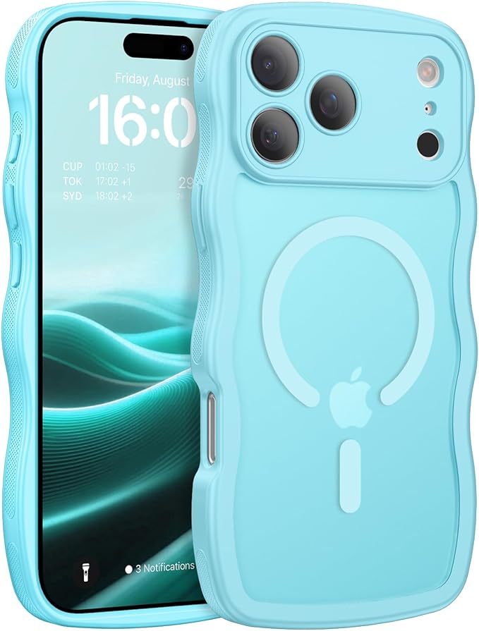 BENTOBEN Magnetic for iPhone 17 Pro Max Case, Cute Wavy [Full Camera Protection][Compatible with MagSafe] Matte Anti-Slip Bumper Women Girls Boys Protective Cover for 17 ProMax 6.9" 2025, Sky Blue