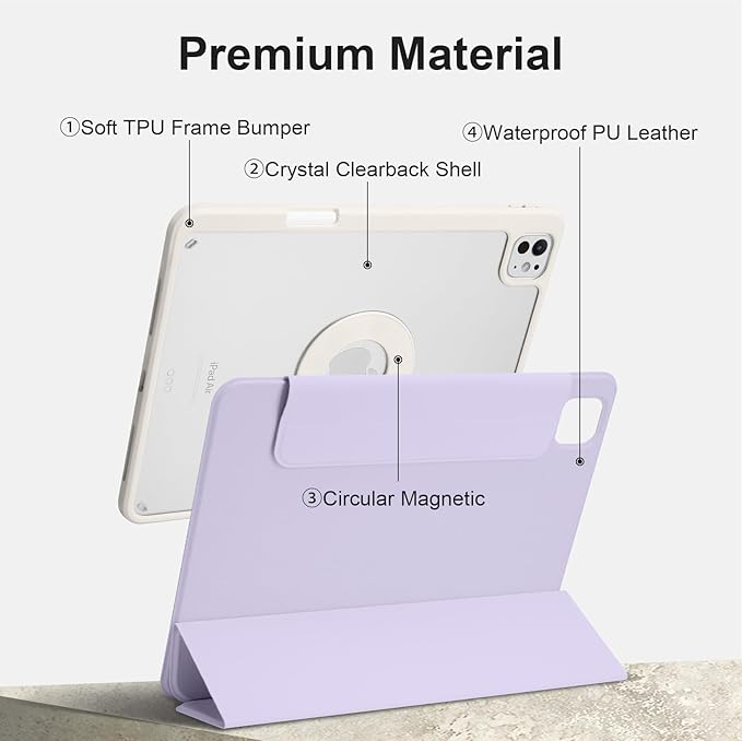 Case for iPad Pro 11 inch M5/M4 (2025/2024, 6th/5th Generation), Removable and Detachable Magnetic Cover with Pencil Holder, Vertical Adjustable Stand, Tri-Fold Multi-Angle, Lilac+White