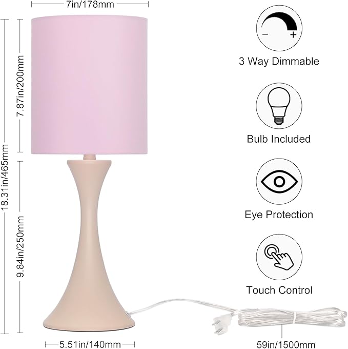 Seaside village Pink Touch Lamp, 3 Way Touch Control Desk Lamp, Bedside Dimmable Lamp Decorative Nightstand Lamp, Small Night Light for Girls, Living Room, Dorm, Home Office, 9W LED Bulb Included