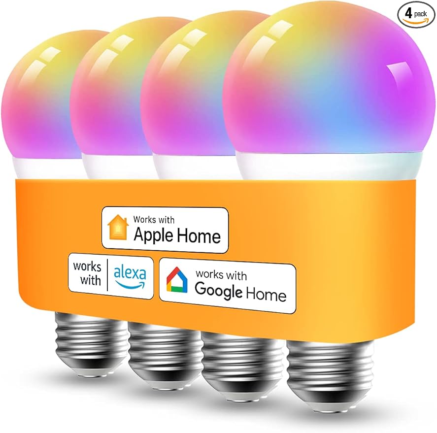 Refoss Smart Bulbs Works with Apple HomeKit, Color Changing Smart Light Bulbs Compatible with Siri, Alexa and Google Home, A19 LED Bulb, E26 Fitting, 2700K-6500K Dimmable, 9W 810 Lumens, 4 Pack