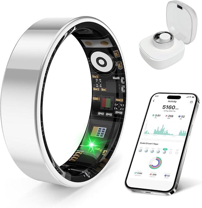 Smart Health Ring, Featuring Stress and Sleep Monitoring Functions, Compatible with iOS and Android,Waterproof Fitness Tracker for Women & Men, No Subscription Fee. (Silver, 8)