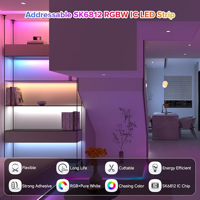 BTF-LIGHTING SK6812(Similar WS2812B) UL Listed RGBW RGB+Cool White(6000K) Individually Addressable DC12V 16.4FT 30LED/m 4 Colors in 1 Light Dream LED Strip IP65 White PCB(No Adapter or Controller)