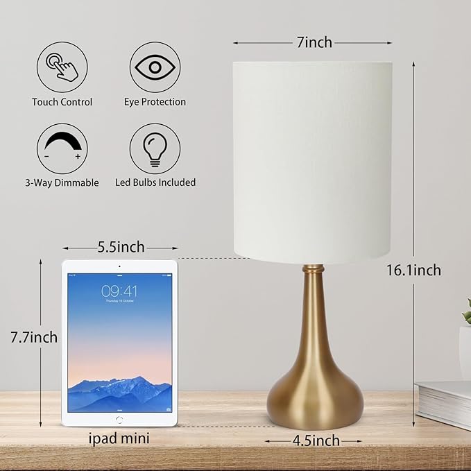 Set of 2 Bedside Touch Lamps, 16 Inch Dimmable Small Nightstand Lamp, Night Light Lamp Simple Touch Table Lamp with Brass Metal Base for Living Room Bedroom Office, A19 3000K Led Bulb Included