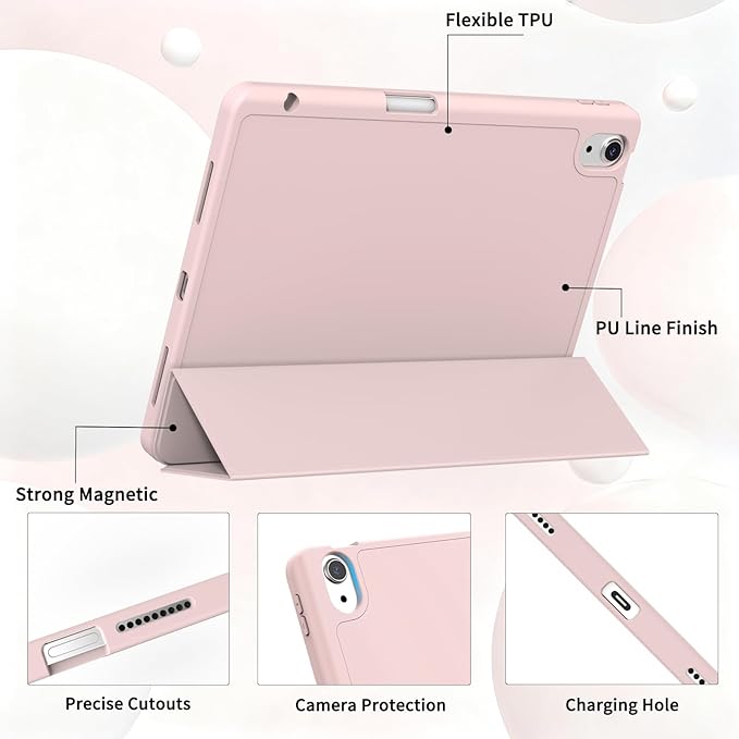 Case for iPad Air 11-Inch M4/M3/M2 2026/2025/2024, iPad Air 5/4 (2022/2020 5th/4th Generation 10.9-Inch) with Pencil Holder, Slim Stand Soft Back Support Touch ID, Auto Wake/Sleep, Light Pink