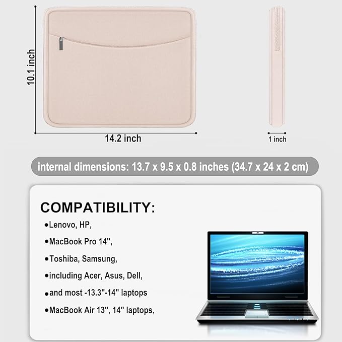 Laptop Case 14 inch, Shockproof Protective Laptop Cover Briefcase Carrying Computer Bag with Accessory Pocket Portable Computer Sleeve for 14" MacBook, HP, Dell, Lenovo, Acer, Pink