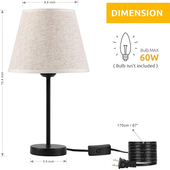 HAITRAL Bedside Table Lamps - Small Nightstand Lamps Set of 2 with Fabric Shade Bedside Desk Lamps for Bedroom, Living Room, Office, Kids Room, Girls Room, Dorm 15 Inches - Black (HT-TH28-27X2)
